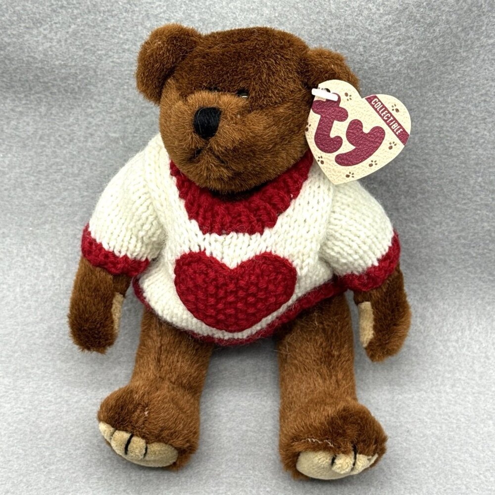 Casanova Brown Bear Attic Treasures Plushie White Sweater Heart TY 1993 Posable - Picture 1 of 8